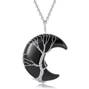 Women's Black Crescent Moon Tree Wire Wrapped Crystal Natural Gemstone Necklace